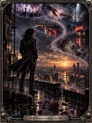 A solitary leather-clad rocker overlooks a rain-soaked city at dawn. Swirling memories reveal cheering crowds, reaching hands, a deserted microphone, and fractured clock. Crimson roses scatter across reflective pavement beneath dramatic violet clouds and golden sunlight. Cinematic digital artistry and an ornate metallic guitar-inspired frame evoke mortality, nostalgia, and hope.