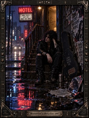 A weary rocker sits alone on rain-darkened motel steps, surrounded by peeling posters, a battered guitar case, and shattered reflections. Crimson neon and cold blue streetlight ripple across puddles while warm light spills from an open doorway. Cinematic photographic realism and a weathered metal frame deepen the atmosphere of isolation.