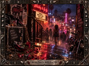 A mysterious woman descends rain-soaked steps into a smoky Sunset Strip nightlife scene, illuminated by crimson neon and violet shadows. Scattered rose petals, a discarded heel, motorcycles, and whiskey evoke reckless glamour. Cinematic photography captures blurred figures and glowing marquees, surrounded by an ornate, guitar-inspired metallic frame.