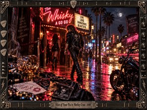 A leather-clad rocker strides past a neon-lit Sunset Strip nightclub on a rain-soaked night. Crimson and magenta reflections shimmer beneath palm trees and moonlight, while a motorcycle, spilled whiskey, and drifting smoke suggest reckless indulgence. Cinematic photographic realism captures the decadent 1980s atmosphere within an ornate, guitar-inspired metallic frame.