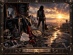 A lone leather-clad rocker stands between wreckage and a radiant city sunrise, guitar at his side. Broken mirrors, a fallen clock, and scattered memorabilia haunt the shadowed foreground, while a winding road promises renewal. Bronze and charcoal tones yield to glowing gold in this cinematic digital painting, framed by ornate metallic guitar hardware.