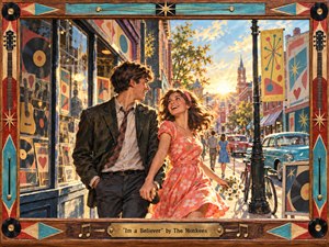 A joyful young couple strolls through a lively 1960s-style street at golden hour, framed by a richly handcrafted wood-and-metal border decorated with records, guitars, and retro motifs. Warm coral, turquoise, gold, and amber tones glow beneath radiant sunlight, while vintage cars, shop windows, flowers, and playful signage create an exuberant romantic atmosphere.