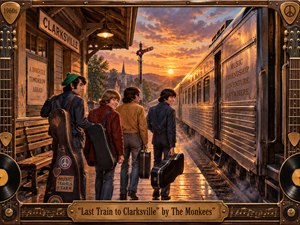 Four young musicians stand beside a gleaming passenger train at a rustic Clarksville station, surrounded by guitars, luggage, and vintage details. Golden sunset light reflects across the platform, creating a nostalgic, adventurous mood. Warm oranges, browns, and metallic tones enrich the hand-painted 1960s style, framed by musical hardware and vinyl accents.