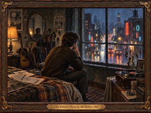 A solitary young man sits beside a rain-streaked apartment window, gazing across a glowing nighttime city while a guitar, records, sketches, and fading plants surround him. Warm amber lamplight contrasts with cold blue streets and neon reflections, creating a deeply introspective, melancholy mood in a richly textured painterly style.