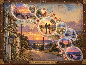 A glowing sunset road winds through a nostalgic small town, while translucent memory bubbles drift in an S-curve around a young couple walking together. Warm golds, pinks, and violets illuminate daisies, autumn leaves, and seasonal vignettes in a richly textured mixed-media painting, enclosed by an ornate musical wooden frame.