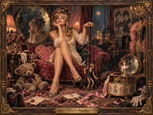 A glamorous woman lounges in a richly decorated 1960s boudoir, surrounded by worn teddy bears, a marionette, roses, mirrors, and ornate keepsakes. Warm amber lighting, deep crimson fabrics, aged gold accents, and theatrical shadows create a playful yet bittersweet mood, rendered with detailed painterly realism and vintage decadence.