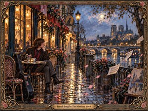A solitary young man sits at a Paris cafe beside the Seine, surrounded by glowing lamps, wet cobblestones, flowers, and drifting rose petals. Notre Dame rises across the river beneath a blue evening sky. Rich oil-paint textures, warm reflections, ornate framing, and romantic melancholy create a nostalgic late-1960s atmosphere.