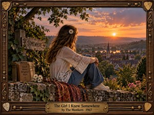 A young woman sits on a stone overlook above a quiet town at sunset, surrounded by daisies, ivy, vintage books, sunglasses, and a patterned scarf. Warm amber light, distant hills, and nostalgic photographic detail create a reflective 1960s mood, framed by carved wood, guitar strings, picks, and brass ornamentation.