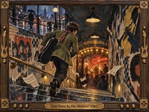 A young musician rushes down rain-darkened subway stairs toward a glowing underground club, guitar case in hand, as torn posters and drifting sheet music swirl around him. Indigo night tones, amber light, and smoky silhouettes create a tense, energetic mood in this richly textured, painterly 1960s-inspired framed artwork.