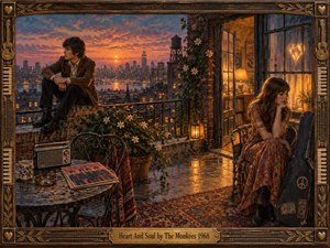 A wistful rooftop terrace at sunset frames two emotionally distant young figures against a glowing city skyline. Warm amber interior light contrasts with cool blue dusk, while a vintage radio, record sleeve, flowers, guitar case, and reflective wet floor enrich the scene. Painterly textures and an ornate musical frame evoke late-1960s romance.
