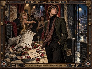 A defiant young man strides away from a glittering 1960s party, leaving shattered pedestal fragments, roses, jewelry, and social expectations behind. Warm theatrical lights clash with the cool rainy street beyond, while distressed mixed-media textures, vintage signage, carved wood, brass details, and a dark ornate frame reinforce rebellion and independence.