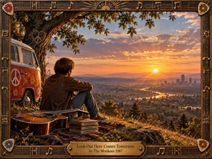A young man rests beneath a broad tree beside a vintage flower-painted van and acoustic guitar, gazing across a glowing valley toward a distant city at sunrise. Warm amber light, autumn earth tones, textured realism, musical frame details, and books marked Yesterday, Today, Tomorrow create a reflective, hopeful 1960s mood.