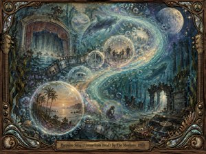 A dreamlike underwater cosmos swirls through deep blue and turquoise currents, where porpoises glide among glowing bubbles, moons, film strips, distant musicians, ruins, and a tropical sunset. Ornate carved wood and bronze framing surrounds the surreal scene, while soft golden light and shimmering textures create a mystical psychedelic 1960s atmosphere.