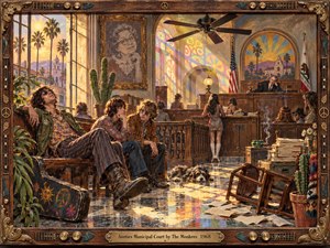 A sunlit 1960s courthouse interior unfolds like a psychedelic memory, with languid young musicians sprawled on benches beneath an auntie portrait while a weary judge presides in the distance. Warm gold, amber, and rainbow stained light animate polished wood, scattered papers, palms, cacti, and an ornate music themed frame.