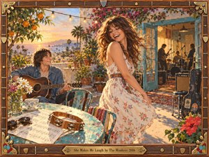 A laughing young woman twirls on a sunlit coastal terrace while a guitarist smiles at her, with a band rehearsing through open doors behind them. Warm gold light, turquoise furniture, flowers, instruments, and sea views create a buoyant, romantic mood in a richly textured retro mixed media painting, framed with musical ornament.