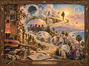 A warm dreamlike landscape winds through glowing memory bubbles toward a brilliant horizon, where a solitary figure walks into golden light. Palm trees, flowers, records, a guitar, and vintage photographs evoke late 1960s California. Soft blues, peach clouds, and amber highlights create a hopeful nostalgic mixed-media atmosphere.