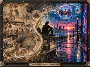 A contemplative figure sits beside a guitar case on a wet waterfront ledge, suspended between sepia memories and a glowing modern skyline. An S-curve of luminous bubbles carries clocks, photographs, and silhouettes through the scene. Neon blues, pinks, and golds contrast with aged browns in this richly textured mixed-media dreamscape.