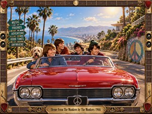A cheerful 1960s coastal road scene shows four young musicians and a shaggy dog riding in a bright red convertible beneath warm golden sunlight. Palm trees, ocean views, colorful flowers, playful road signs, and a guitar-inspired decorative frame create an energetic, carefree mood with polished retro realism and nostalgic pop charm.