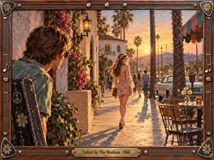 A warm, nostalgic street scene glows in golden sunset light as a young woman in a patterned 1960s dress walks along a palm-lined sidewalk, glancing back toward a watching young man. Spanish style buildings, vintage cars, flowers, and cafe tables enrich the romantic oil painted composition, enclosed by an ornate musical frame.