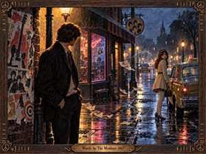 A rain soaked city street glows with amber lamps, neon reflections, and deep blue shadows as a young man watches a woman beside a waiting taxi. Torn posters and drifting papers suggest fractured communication. Rich painterly textures, vintage 1960s details, and dramatic lighting create a wistful, tense, cinematic atmosphere.