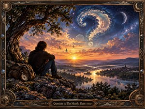 A solitary traveler sits beneath a weathered tree overlooking a luminous river valley at sunset, absorbed in quiet contemplation. Golden light warms rugged rocks and distant villages while a star-filled blue sky curls into a mysterious question-shaped cloud. An ornate celestial bronze frame reinforces the dreamlike, philosophical, richly painted atmosphere.