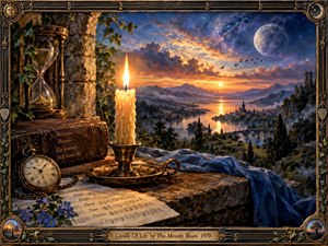 A glowing candle illuminates an ancient stone overlook above a dreamlike river valley at sunset, blending earthly warmth with a vast starry cosmos. An hourglass, pocket watch, weathered book, sheet music, flowers, and flowing blue cloth evoke memory and passing time. Ornate musical framing enhances the contemplative, romantic painted atmosphere.