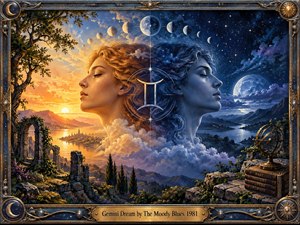 Two serene faces emerge back-to-back between golden sunrise and moonlit night, symbolizing duality and dreamlike connection. Mountains, water, ruins, clouds, stars, lunar phases, and an armillary sphere create a mystical cosmic landscape. Rich blue and amber lighting, intricate celestial framing, and painterly realism evoke romantic, progressive-rock fantasy.