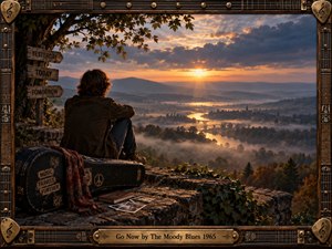 A solitary traveler sits beside a worn guitar case on a stone overlook, contemplating a misty river valley beneath a glowing sunset. Warm amber light contrasts with cool blue hills, while weathered time signposts, photographs, ivy, and an ornate guitar-inspired wooden frame create a nostalgic, reflective, cinematic atmosphere.