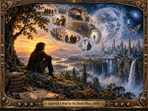 A lone dreamer overlooks a vast twilight valley where golden sunset merges with a starry blue cosmos. Misty towers, waterfalls, bridges, clocks, trains, and ghostlike memories spiral toward an immense celestial face. Rich painterly detail, warm amber highlights, cool blues, and an ornate musical frame create a mystical, reflective atmosphere.