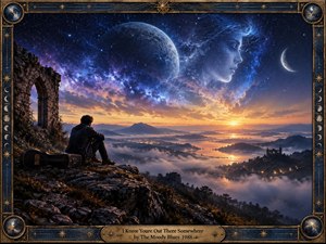 A solitary traveler rests on a rocky overlook beside a guitar case, gazing across misty lakes and distant mountains beneath a vast celestial sky. Deep blues, violet stars, glowing planets, and a golden sunrise create a hopeful, searching mood, framed by ornate brass astronomy motifs and luminous cosmic details.