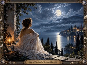 A solitary woman draped in luminous white satin overlooks a moonlit lake and distant hillside town. Deep blues, silver clouds, warm lantern light, and glowing reflections create a romantic, contemplative mood. Ornate musical metalwork, white flowers, celestial medallions, and a vintage title plate frame the richly painted nocturnal scene.