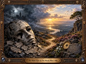 A cracked stone mask rises from dark rubble beneath storm clouds, while a winding path leads toward a radiant golden valley and sunrise. Heather, flowers, a compass, distant architecture, and circling birds suggest renewal and truth. Ornate bronze musical framing enhances the dramatic, symbolic, painterly atmosphere.