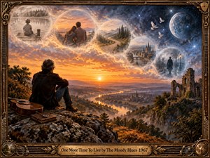 A solitary man sits beside a guitar on a rocky overlook, contemplating a glowing river valley beneath a dramatic sunset and starry moon. Translucent memory spheres drift across the sky, revealing childhood, companionship, travel, cities, and solitude. Warm gold and cool blue tones create a reflective, dreamlike painted atmosphere.