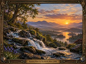 A luminous mountain stream tumbles over mossy rocks toward a tranquil lake beneath a glowing sunset. Golden light warms distant purple peaks, misty valleys, wildflowers, and an ancient tree. Rich painterly detail creates a serene, reflective mood, enclosed by an ornate musical wood-and-bronze frame with an engraved title plate.