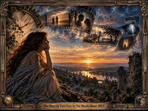 A contemplative woman overlooks a glowing river valley at sunset as curling filmstrips carry fragments of memory across a turbulent blue and gold sky. An antique clock, moonlit scenes, distant architecture, birds, and weathered ruins deepen the nostalgic mood. An ornate bronze frame and engraved title plate complete the cinematic composition.