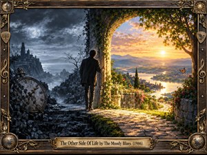 A lone figure stands beneath an ivy-covered stone arch between two contrasting worlds: a stormy moonlit coast with ruins and a broken clock, and a radiant golden valley of rivers and distant towns. Dramatic light, lush vegetation, butterflies, and an ornate musical frame create a cinematic, symbolic atmosphere.