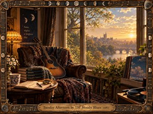 A warmly lit vintage room overlooks a tranquil river and distant cathedral beneath a glowing afternoon sky. A leather chair, acoustic guitar, books, journal, flowers, records, and turntable create nostalgic intimacy. Rich amber, brown, and blue tones, ornate musical framing, and golden sunlight evoke reflective psychedelic warmth.