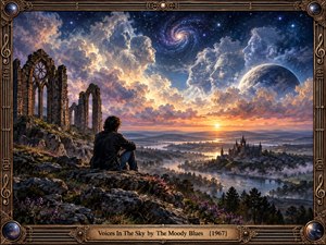 A solitary figure overlooks a misty river valley and distant Gothic city beneath a radiant sunset. Ancient ruins anchor the rocky foreground while enormous spectral faces emerge from luminous clouds and a star-filled cosmic sky. Deep blues, golds, and violet light create a contemplative, mystical painted atmosphere.