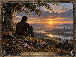 A solitary man rests beneath an ancient tree beside an acoustic guitar, watching a glowing sunset over a misty river valley and distant town. Warm gold, amber, blue, and earthy tones create a reflective, wistful mood. Detailed painterly textures and an ornate celestial musical frame enhance the nostalgic atmosphere.
