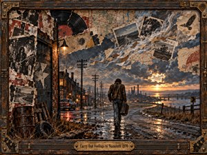 A lone traveler carrying a guitar case walks along a rain-slick industrial road beneath a turbulent sunset. Torn photographs, maps, posters, and vinyl fragments drift through the stormy sky, suggesting restless memory and emotional departure. Warm amber lights contrast with cold blue-gray clouds, framed by weathered wood, brass, and guitar hardware.