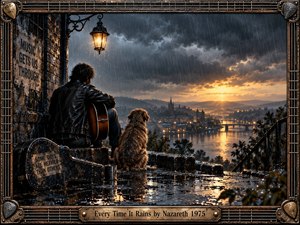 A solitary guitarist and loyal dog overlook a rain-soaked city at sunset, surrounded by reflective stone, storm clouds, and glowing streetlights. Warm amber light cuts through cool blue-gray rain, creating a melancholy yet hopeful mood. A weathered guitar-string frame and engraved brass plate reinforce the rugged rock aesthetic.