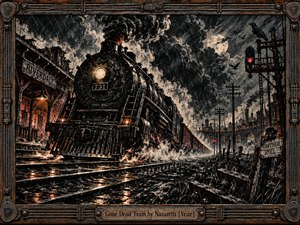 A black steam locomotive surges through a rain-soaked industrial rail yard beneath a stormy moon, throwing sparks across gleaming tracks. Heavy smoke, red signals, crows, ruined structures, and distant factories create a grim, restless mood. Dark painted realism and weathered metal framing amplify the raw 1970s rock atmosphere.