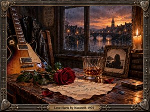 A weathered guitar rests beside a red rose, whiskey glass, faded photograph, and handwritten note in a rain-lit room overlooking a glowing city at dusk. Warm amber candlelight contrasts with cool stormy blues, creating a nostalgic, wounded mood framed by ornate metallic guitar-inspired detailing.