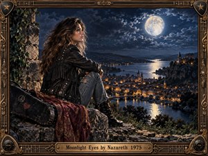 A solitary woman sits on a rocky overlook above a glowing riverside town, gazing toward a luminous full moon. Deep blues, amber lights, reflective water, and distant hills create a wistful romantic mood. Detailed oil painting textures, dramatic clouds, a guitar case, and an ornate music-inspired frame enrich the cinematic scene.