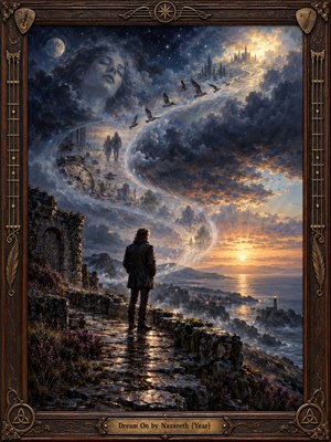 A solitary figure stands on a rain-darkened coastal path beneath a vast dreamlike sky, where memories spiral upward through mist, birds, stars, and fading faces toward a luminous horizon. Deep blues, violet shadows, and warm gold light create a wistful, hopeful mood in richly textured oil-painting style.