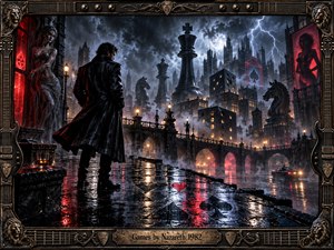 A lone man stands on a rain-soaked terrace overlooking a stormy gothic city transformed into a giant game board, with towering chess pieces, dice-shaped buildings, red neon symbols, statues, and lightning. Dark blue, black, bronze, and crimson tones create cinematic tension, framed by ornate guitar-inspired metalwork and carved details.