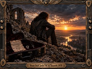 A solitary long-haired rocker sits on a rugged cliff above a misty river valley at sunset, surrounded by ruins and storm-darkened skies. Warm amber light cuts through heavy clouds, illuminating an open guitar case with symbolic objects. The cinematic, highly detailed composition conveys betrayal, reflection, loyalty, isolation, and hard-won trust.