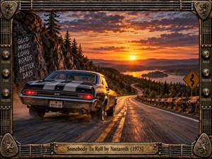 A black muscle car charges along a winding mountain highway toward a fiery sunset, surrounded by rugged cliffs, forests, distant water, and glowing evening haze. Dramatic orange and purple light creates a restless, freedom-seeking mood, while the detailed guitar-inspired metal frame, control knobs, strings, and engraved ornaments reinforce the hard-rock character.