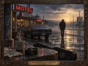 A lone figure walks across a rain-soaked motel parking lot at dawn, surrounded by fading neon, a vintage car, steaming coffee, and a battered guitar case. Moody blues, charcoal grays, amber reflections, and pale gold sunlight create a gritty cinematic atmosphere, framed with distressed wood, dark metal, and musical hardware.