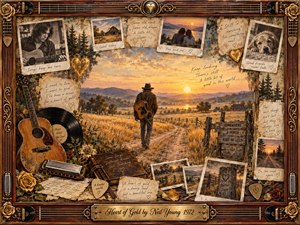 A lone traveler carrying an acoustic guitar walks a dusty road through glowing golden fields at sunset, surrounded by faded photographs, handwritten memories, roses, vinyl, and a harmonica. Warm amber, sepia, and rosewood tones create a wistful, hopeful mood, rendered in richly textured oil, acrylic, and watercolor collage style.